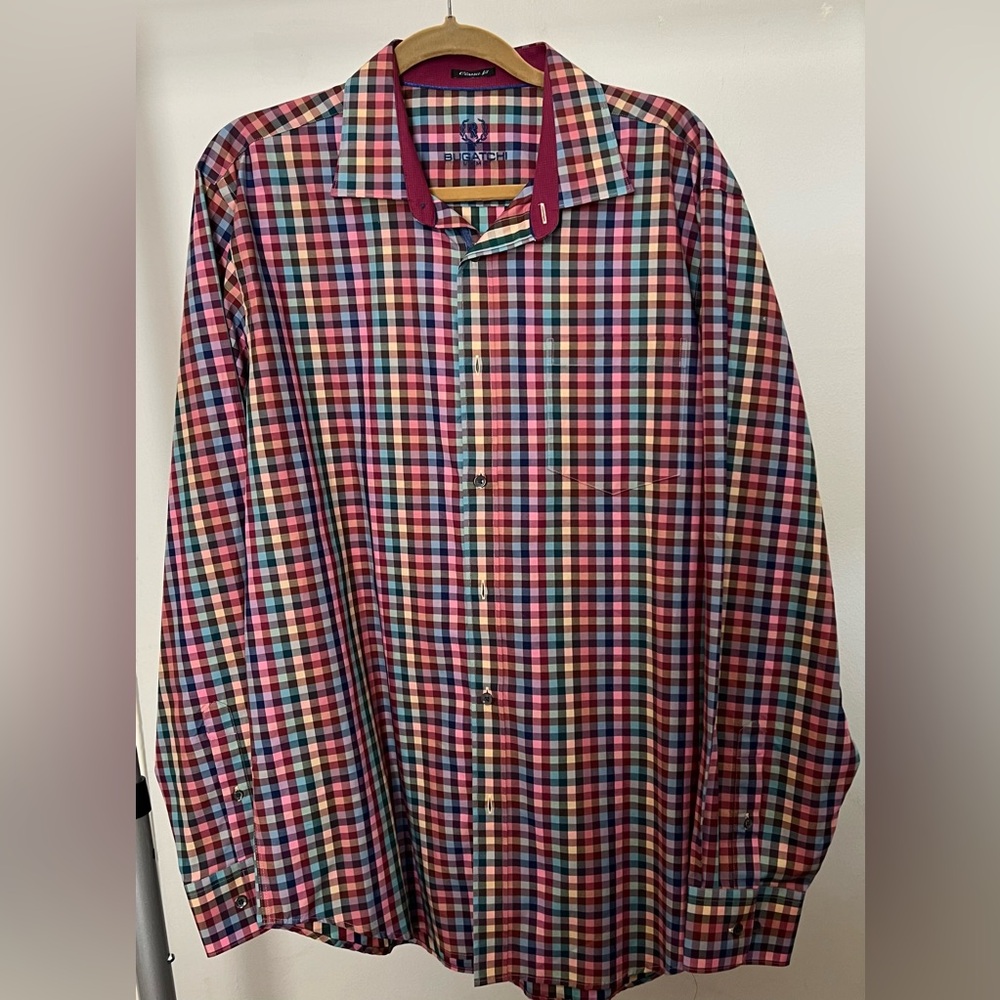 BUGATCHI Mens Classic Fit Long Sleeve Button-down multi-colored check